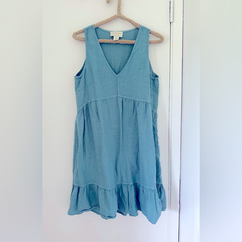 Cynthia Rowley Dress Small S Blue 100% Linen Tank Ruffle Tiered Lagenlook